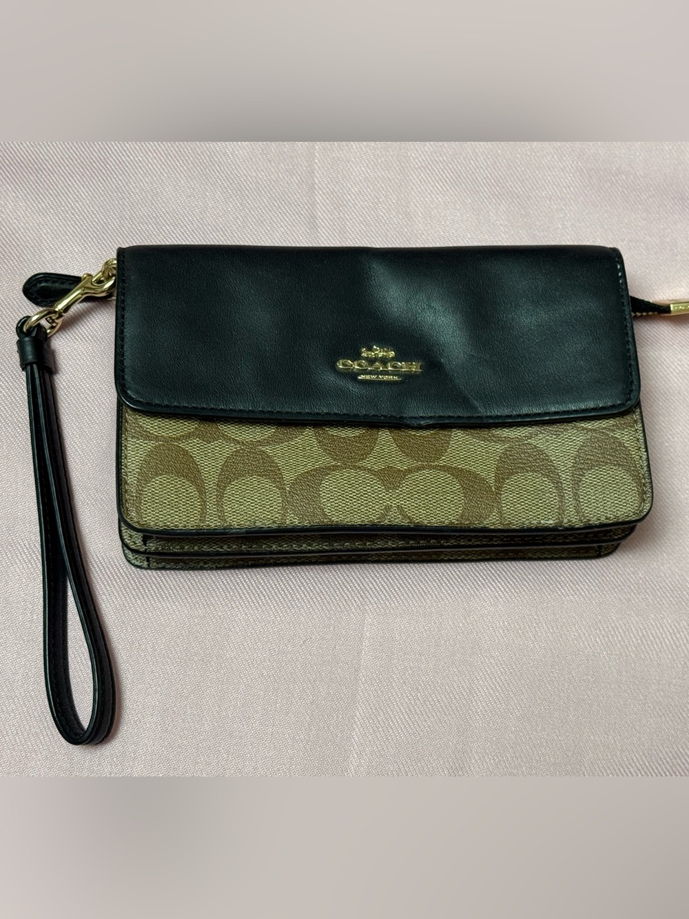 Coach Tan Signature Canvas and Black Leather Wristlet/Crossbody Wallet